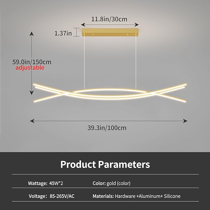 Modern Ceiling Chandelier Light, 39IN Gold Pendant Light Fixtures with Remote Control 3000k-6500K Adjustable Color Temperature, Aluminum Island Lighting Lamp for Dining Room, Living Room, Island