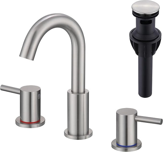 Brushed Nickel Bathroom Faucet 3 Hole, 2 Handle Bathroom Sink Faucet, 8 Inch Widespread Bathroom Faucets, Stainless Steel Vanity Faucet for Bathroom Sink with Pop Up Drain, AML-21754-BN