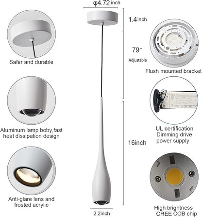 White Pendant Light for Kitchen Island, LED Dimmable Pendant Light fixtures, Small Modern Industrial Hanging Pendant Light for Over Sink, Bar, Dining Room, Bedside