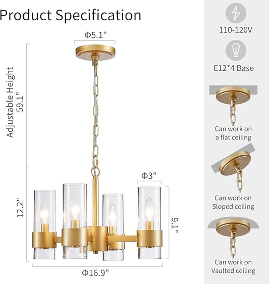WUZUPS Industrial Chandelier 4-Light with Clear Glass Modern Farmhouse Round Light Fixture for Dining Room Kithen Island Foyer, Width 16.9" Height 12.2", Gold
