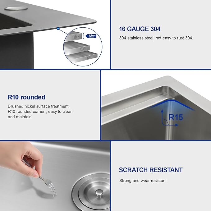 Dcolora 33"×22" Drop In Kitchen Sink With Faucet Topmount Single Bowl SinkS Workstation 304 Stainless Steel Overmount Sink For Kitchen 33 Inch, DC-SFDOE00126