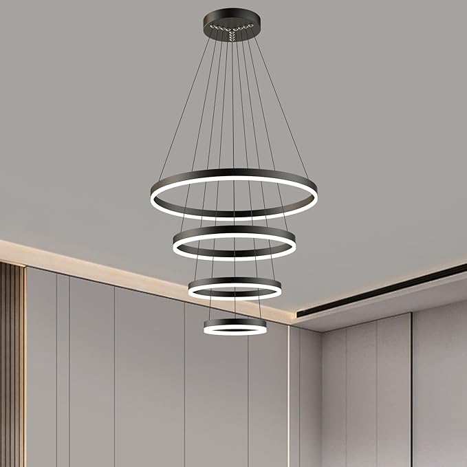 Modern LED Pendant Light, Black 4 Ring Circular Chandelier Fixture, Adjustable Height Circular Entrance Pendant Light, Suitable for Restaurants, Kitchens, Islands, Living Rooms, Cafes, Etc. (4000K)