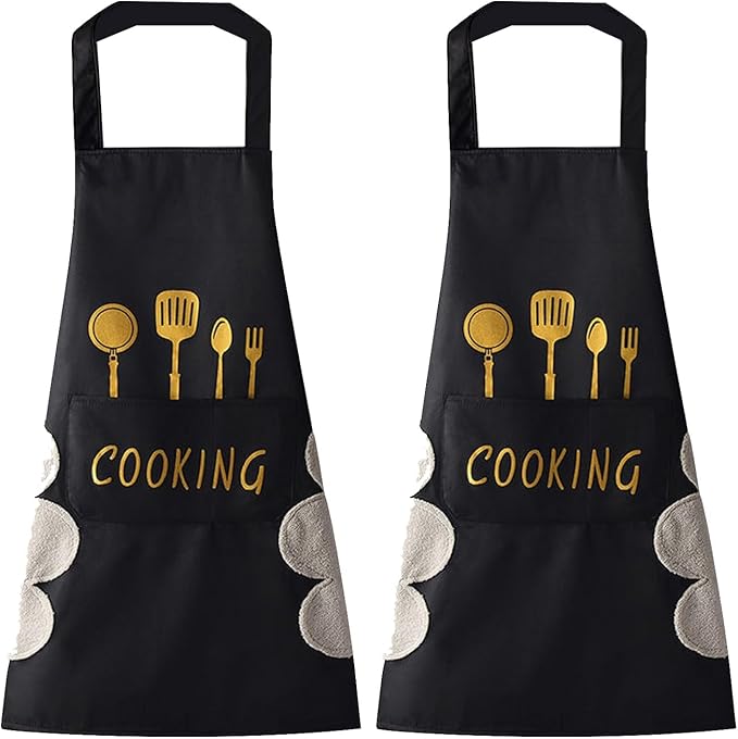 DILLMAN Women Kitchen Apron with Hand Wipe Pockets，Big Pocket,Hand-wiping, Waterproof for Cooking Baking