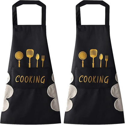 DILLMAN Women Kitchen Apron with Hand Wipe Pockets，Big Pocket,Hand-wiping, Waterproof for Cooking Baking