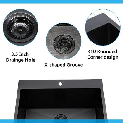 18x18 inch Drop in Bar Sink Black, Topmount Stainless Steel Small Kitchen Sink for Laundry Wet Bar Prep RV Office Outdoor Yard with Dish Grid and Basket Strainer