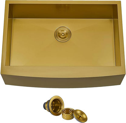 Hotis Gold Farmhouse Sink, 33 Inch Stainless Steel Farmhouse Kitchen Sinks, Single Bowl Burshed Gold Apron Front Farm Sinks, Brass Undermount Sink With Accessories