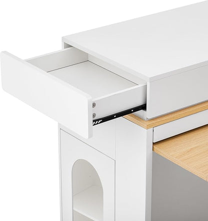 Versatile Extendable Dining Table with Hidden Wheels and Drawers, Farmhouse Kitchen Island with Charging Station and Glass-Door, Sideboard for Kitchen and Dining Room (Creamy White)