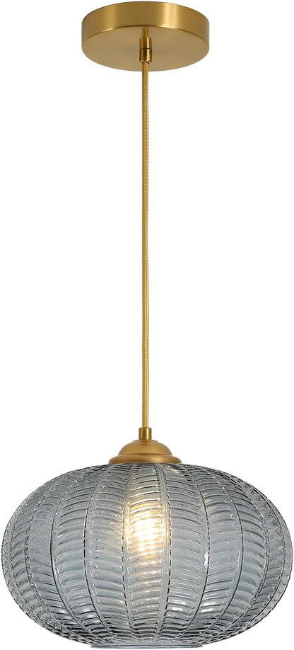 KCO Lighting Large Glass Pendant Lights Kitchen Island Brass Gold Pendant Light Gold Globe Hanging Light Smoked Striped Glass Pendant Light Mid Century Modern Dining Room Light Fixture