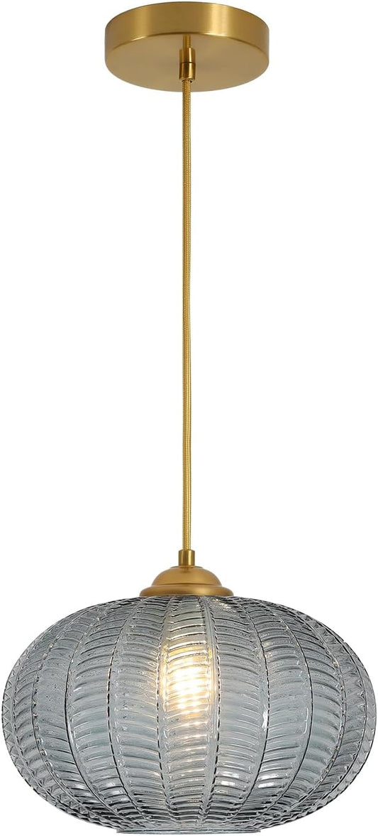KCO Lighting Large Glass Pendant Lights Kitchen Island Brass Gold Pendant Light Gold Globe Hanging Light Smoked Striped Glass Pendant Light Mid Century Modern Dining Room Light Fixture