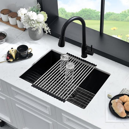 Black Undermount Laundry Sink -HLBLFY 24x18x12 Inch Black Stainless Steel Laundry Room Sink Undermount Utility Sink 16 Gauge Single Bowl Deep Kitchen Sink with Roll Up Rack