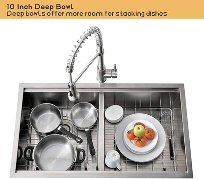33 Inch Double Bowl Undermount Kitchen Sink Workstation-Bokaiya Stainless Steel 50/50 Double Bowl Kitchen Sink Undermount Ledge Workstation 16 Gauge 10 Inch Deep Double Basin with Cutting Board
