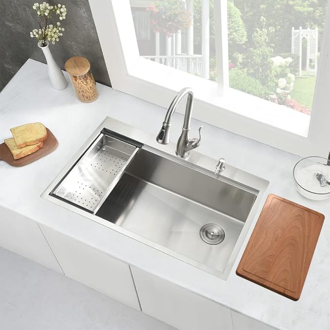 30 Inch Drop in Kitchen Sink, 30x22 Single Bowl Drop in Sink Kitchen Topmount Workstation 16 Gauge Stainless Steel Sink Deep Basin with Offset Drain