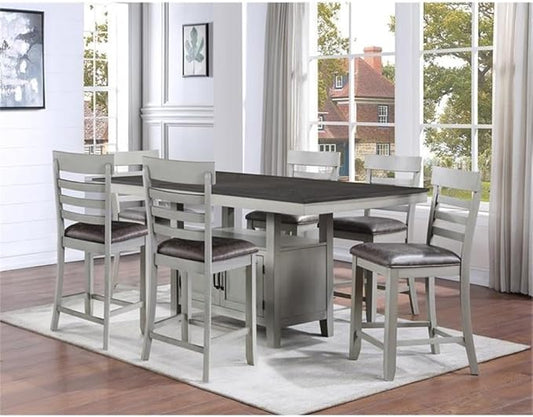 BOWERY HILL 7-Piece Wood Dining Room Table Set, Stone Gray and Charcoal Finish, 80 in Extendable Table with Storage, Faux Leather Upholstered Chairs, Transitional Style for Kitchen or Dining Room