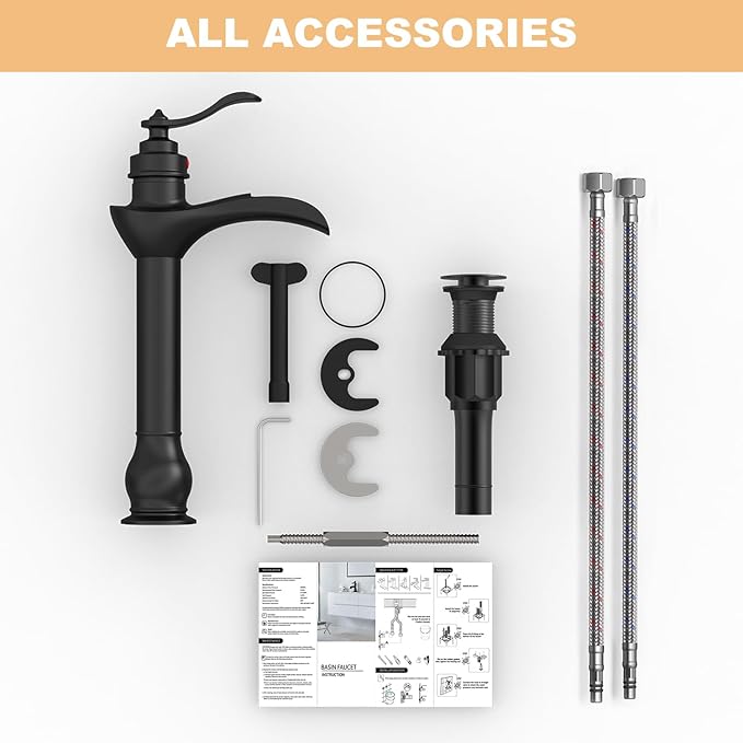 BWE Matte Black Vessel Sink Faucet Waterfall Single Hole Handle with Pop Up Drain Stopper Assembly and Supply Hose Bathroom Faucet Vanity Lavatory Mixer Tap Tall Body