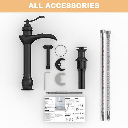 BWE Matte Black Vessel Sink Faucet Waterfall Single Hole Handle with Pop Up Drain Stopper Assembly and Supply Hose Bathroom Faucet Vanity Lavatory Mixer Tap Tall Body