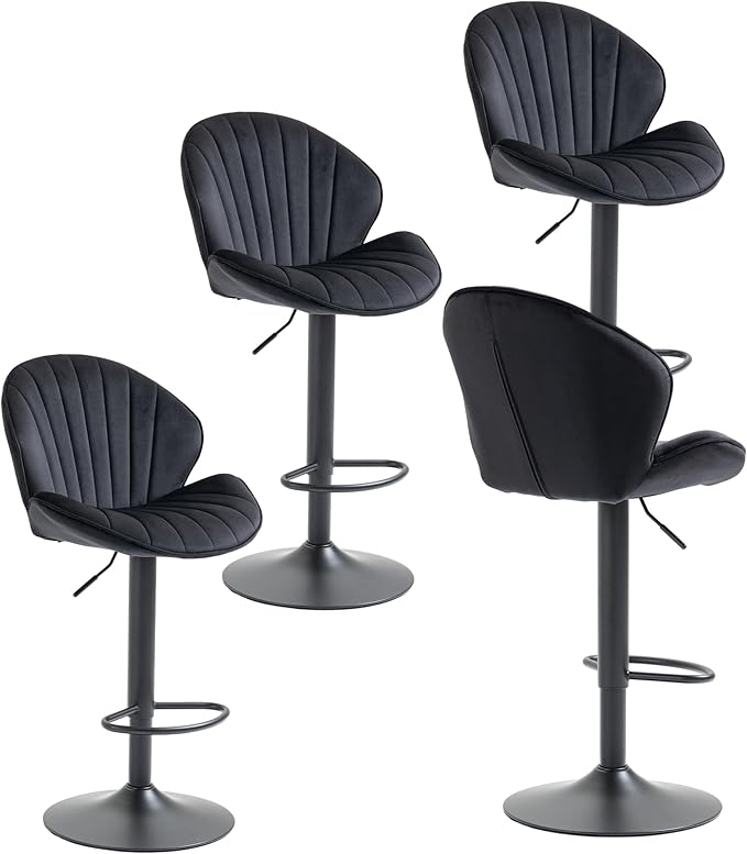 Rhomtree 24-32 Inch Swivel Bar Stools, Adjustable Counter Height Barstools, Velvet Tufted Upholstered and Footrest Barstools, Upholstered Bar Chairs for Home Bar Kitchen Island(Black Set of 4)