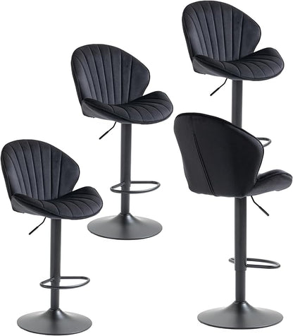 Rhomtree 24-32 Inch Swivel Bar Stools, Adjustable Counter Height Barstools, Velvet Tufted Upholstered and Footrest Barstools, Upholstered Bar Chairs for Home Bar Kitchen Island(Black Set of 4)