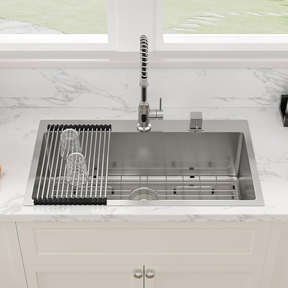 Sarlai 33 Inch Drop In Kitchen Sink - 33x19 Inch Kitchen Sink Drop In Stainless Steel Topmount Sink 16 Gauge Single Bowl Deep Top Mount Kitchen Sinks Basin