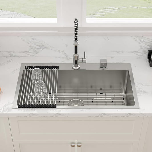 Sarlai 33 Inch Drop In Kitchen Sink - 33x19 Inch Kitchen Sink Drop In Stainless Steel Topmount Sink 16 Gauge Single Bowl Deep Top Mount Kitchen Sinks Basin