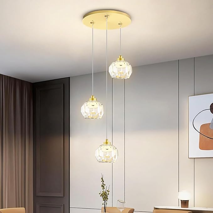 3-Light Dimmable LED Gold Pendant Light,Crystal Ball Chandelier for Dining Room Bedroom Pendant Light Kitchen Island 15W