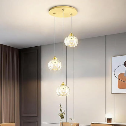 3-Light Dimmable LED Gold Pendant Light,Crystal Ball Chandelier for Dining Room Bedroom Pendant Light Kitchen Island 15W
