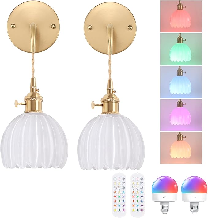 Shenmoyl Battery Operated Wall Sconce with White Tulip Shade Pattern Glass Adjustable Chain Retro Gold Wall Mounted Light, Modern Wall Lamp Fixtures Decor for Bedside Bedroom Indoor Doorway，Set of 2