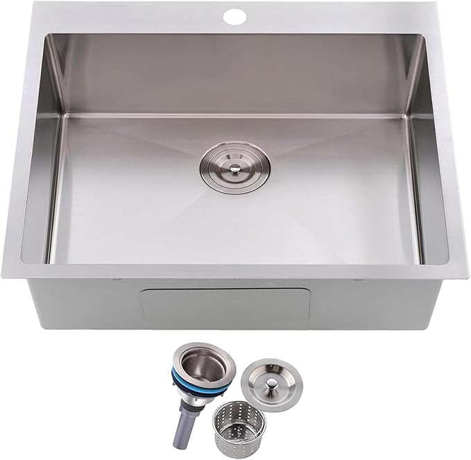 Friho 25x22 Drop in Kitchen Sink, Brushed Nickel Topmount Kitchen Sinks, SUS304 Commercial Handmade 16 Gauge Single Bowl Stainless Steel Sink with Basket Strainer
