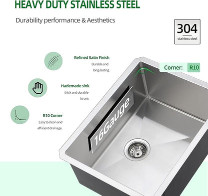 Undermount Kitchen Sink, 24 x 19 x 10 Inch 16 Gauge Single Bowl Kitchen Sink T-304 Stainless Steel Laundry Sinks
