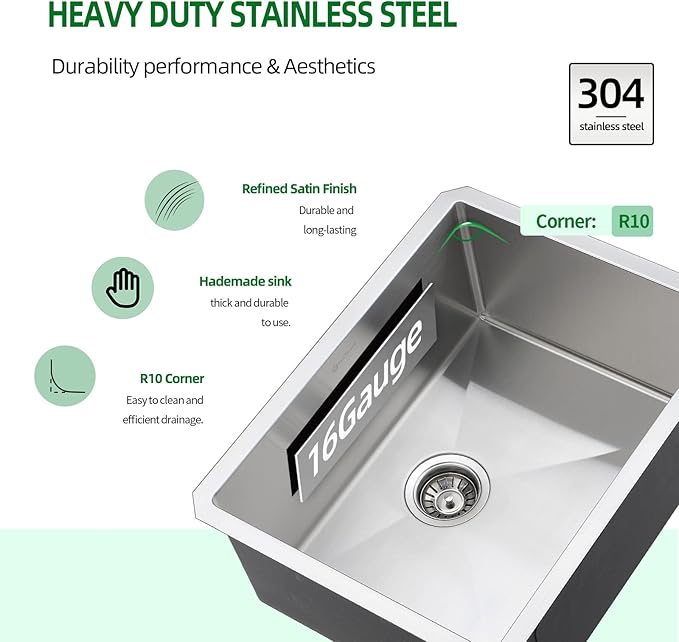 Undermount Kitchen Sink, 21 x 18 x 10 Inch Single Bowl Sink 16 Gauge T-304 Stainless Steel Kitchen Sinks with Accessories