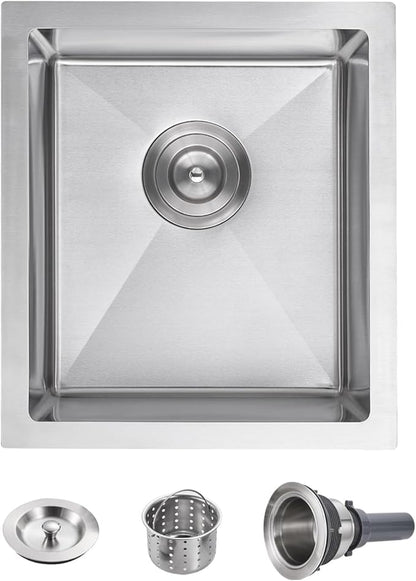 POPFLY 15x17 Inch Undermount Sink, 18 Gauge 304 Stainless Steel Single Bowl Kitchen Bar Prep Sink Handmade Small 6 Inches Deep, Brushed Sinks