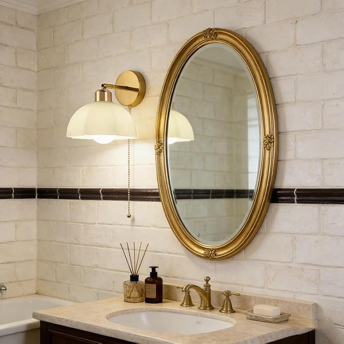 White Glass Wall Light Fixture Vintage Wall Sconces with Pull Chain Switch Brushed Gold Brass Sconce Wall Lighting Retro White Flower Glass Sconce for Bedroom Kitchen Hallway