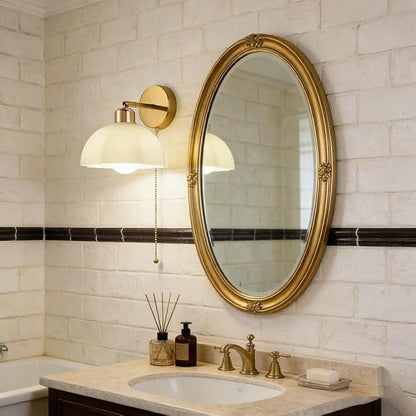 White Glass Wall Light Fixture Vintage Wall Sconces with Pull Chain Switch Brushed Gold Brass Sconce Wall Lighting Retro White Flower Glass Sconce for Bedroom Kitchen Hallway