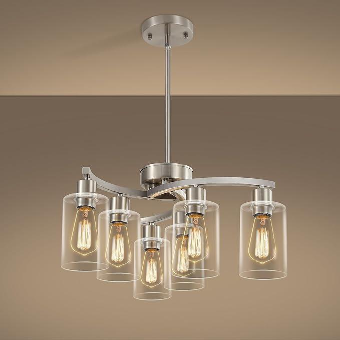 Sigaitwei 6 Light Farmhouse Brushed Nickel Chandelier,21.7" Modern Chandeliers for Dining Room Light Fixtures Over Table,Pendant Lights Kitchen Island,Metal Bracket with Downward Clear Glass Shade