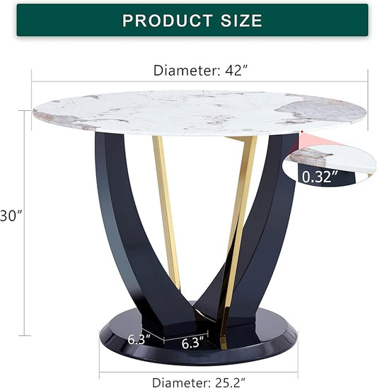 JUFU Round Dining Table for 4, 42 Inch Faux Marble Look Dining Room Table, Black Small Kitchen Table with Stable Pedestal, Modern Glass Dining Table for Kitchen,Living Room,Apartment,Restaurant