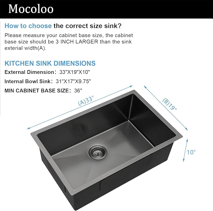 Mocoloo 33 Black Undermount Kitchen Sink 33x19 Gunmetal Black 16 Gauge Stainless Steel Deep Round Corner Under Counter Single Bowl Kitchen Sinks Handmade Basin