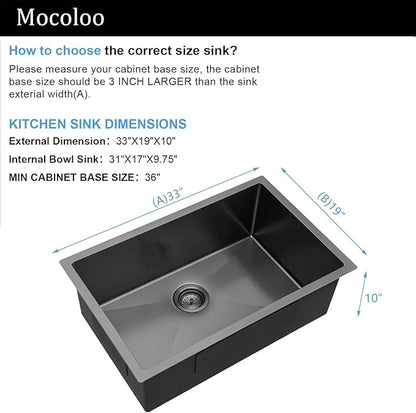 Mocoloo 33 Black Undermount Kitchen Sink 33x19 Gunmetal Black 16 Gauge Stainless Steel Deep Round Corner Under Counter Single Bowl Kitchen Sinks Handmade Basin