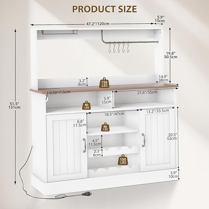 47" Farmhouse Coffee Bar Cabinet with Storage, Buffet Cabinet with Goblet Holder, 5Hooks, Power Outlets, Sideboard Cabinet Coffee Bar Table with Adjustable Shelves for Kitchen & Living Room, White
