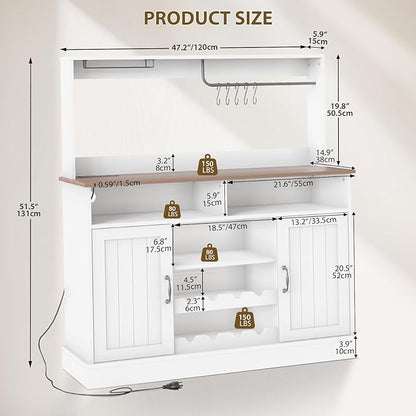 47" Farmhouse Coffee Bar Cabinet with Storage, Buffet Cabinet with Goblet Holder, 5Hooks, Power Outlets, Sideboard Cabinet Coffee Bar Table with Adjustable Shelves for Kitchen & Living Room, White