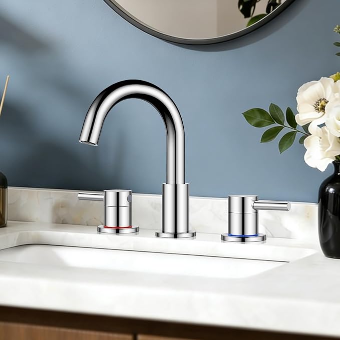 FGKQ Bathroom Faucet for Sink 3 Hole, Chrome Bathroom Sink Faucet with Pop-Up Drain and Water Supply Lines, 8 inch Widespread Vanity Faucet 2 Handle with 360° Swivel