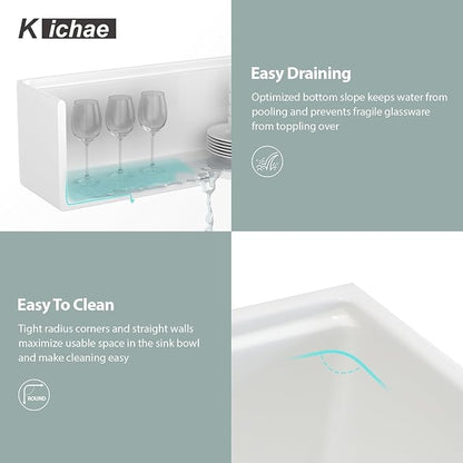 Kichae 33 White Farmhouse Sink Workstation - 33 x 20 Flat Apron Front Farmhouse Kitchen Sink Farm Farmer Porcelain Fireclay Ceramic Ledge Workstation Single Bowl Basin