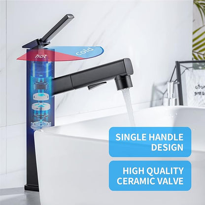 HANLIAN Single Handle Pull Out Bathroom Vessel Sink Faucet with Rotating Spout, Modern Single Hole Tall Bathroom Faucet with Pull Down Sprayer, One Hole High Bathroom Sink Faucet Black with 3 Modes
