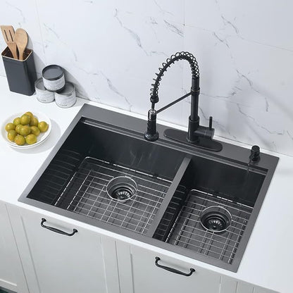 33 Inch Black Drop In Double Bowl Kitchen Sink Workstation-Bokaiya 33x22 Drop In Black Stainless Steel Top Mount Workstation Sink 16 Gauge Low Divide 60/40 Double Sink with Cutting Board