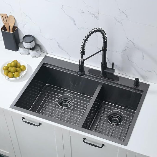 33 Inch Black Drop In Double Bowl Kitchen Sink Workstation-Bokaiya 33x22 Drop In Black Stainless Steel Top Mount Workstation Sink 16 Gauge Low Divide 60/40 Double Sink with Cutting Board