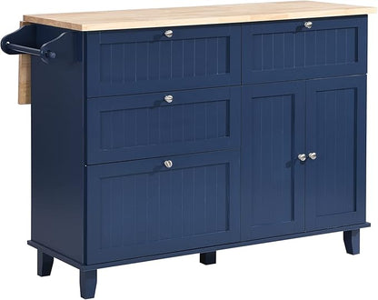 Farmhouse Kitchen Island Set with 2 Stools and Drop Leaf Dining Table with Storage Cabinet, Drawers and Towel Rack for Small Place (Blue+Black+Brown*)
