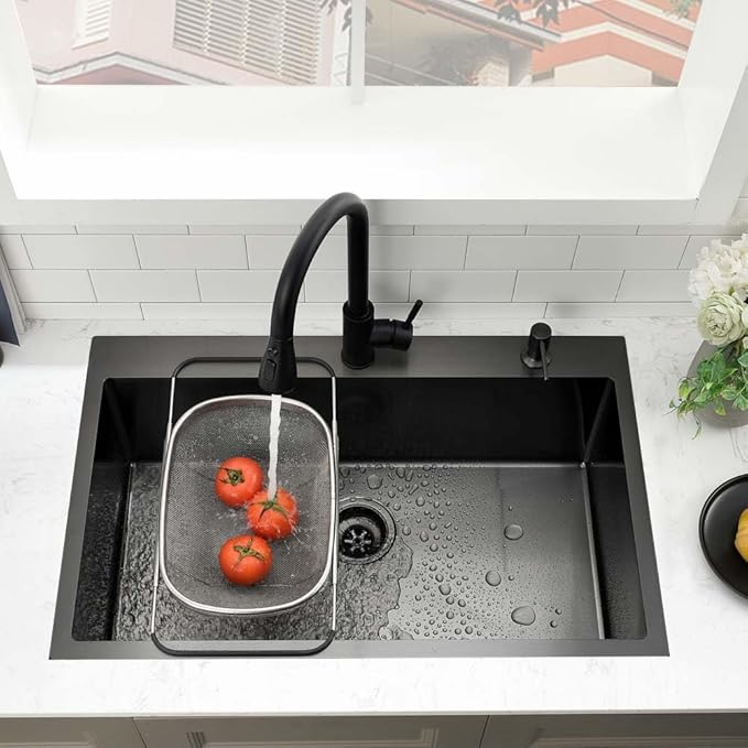 30 Black Kitchen Sink Drop In- Wesliv 30x18 Drop In Black Stainless Steel Kitchen Sink Single Bowl Overmount Deep Sinks with Bottom Rinse Grid&Soap Dispenser
