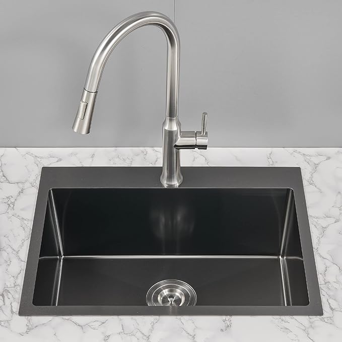 22 x 18 inch Drop-in Kitchen Sink, Single Bowl Single Hole 304 Stainless Steel Topmount Kitchen Sink, Black