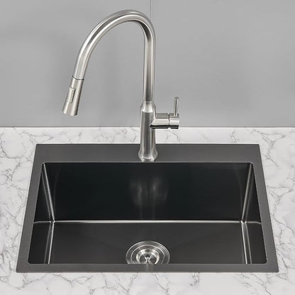 24 Inch Drop in Kitchen Sinks Black, 24x18 Inch Single Hole 18 Gauge Stainless Steel Single Bowl Kitchen Sink Topmount, D24"xW18"xH9"