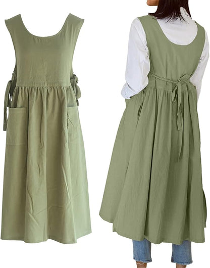Women Plus Size Cotton Linen Vintage Pleated Split Apron Pinafore Dress with Two Pockets
