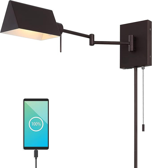 JONATHAN Y 22" Oil Rubbed Bronze 1-Light Swing Arm Wall Sconce, Plug-in or Hardwired with USB Charging Port and Pull Chain, Iron Shade, Industrial LED Reading Lamp JYL6015A