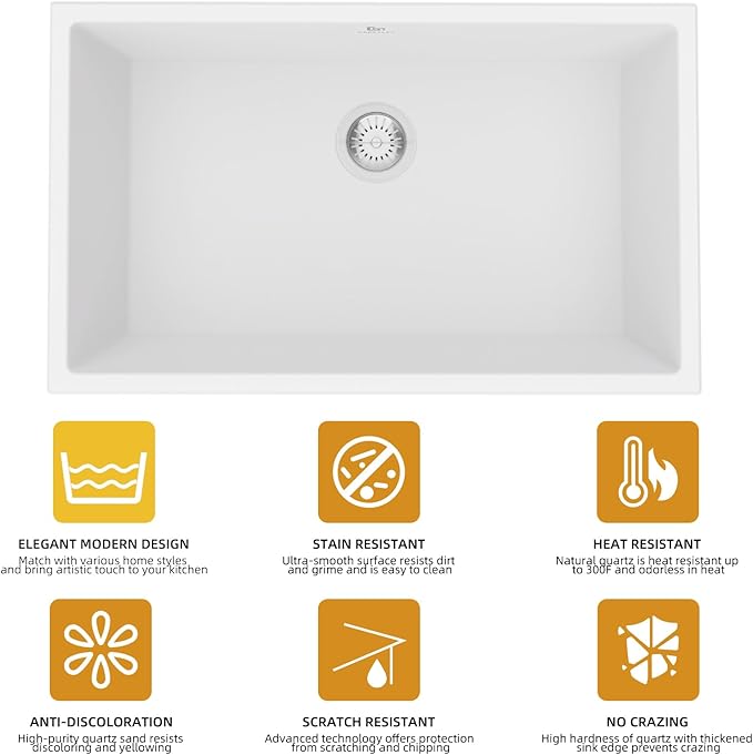 Quartz Kitchen Sink, 30 Inch White Undermount Kitchen Sinks, Deep Single Bowl Granite Composite Sink, Modern Sinks Providing Complete Accessories, Spacious Workspace and Easy Cleaning